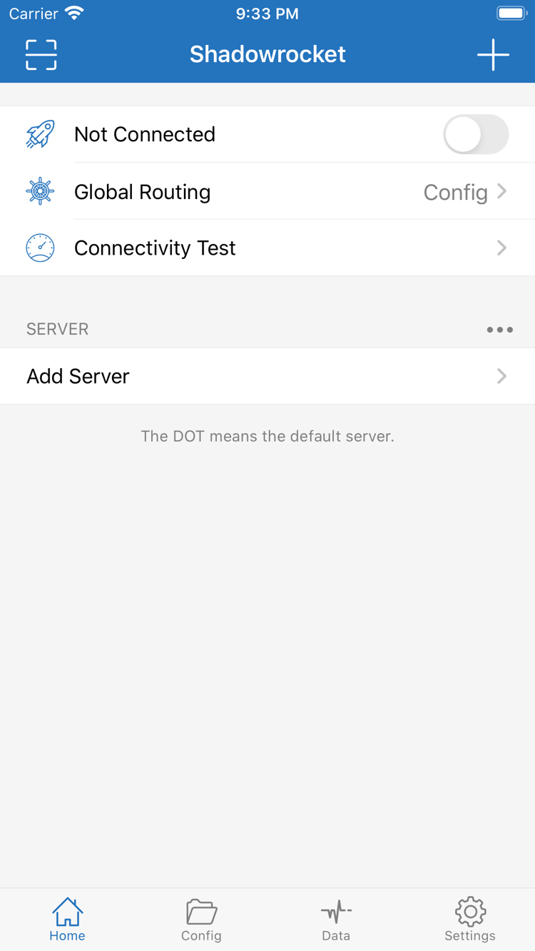 ShadowrocketのHome公式スクリーンショット。上部にNot Connectedのスイッチ、下部にGlobal Routing、Connectivity Test、SERVER、Add Serverを表示