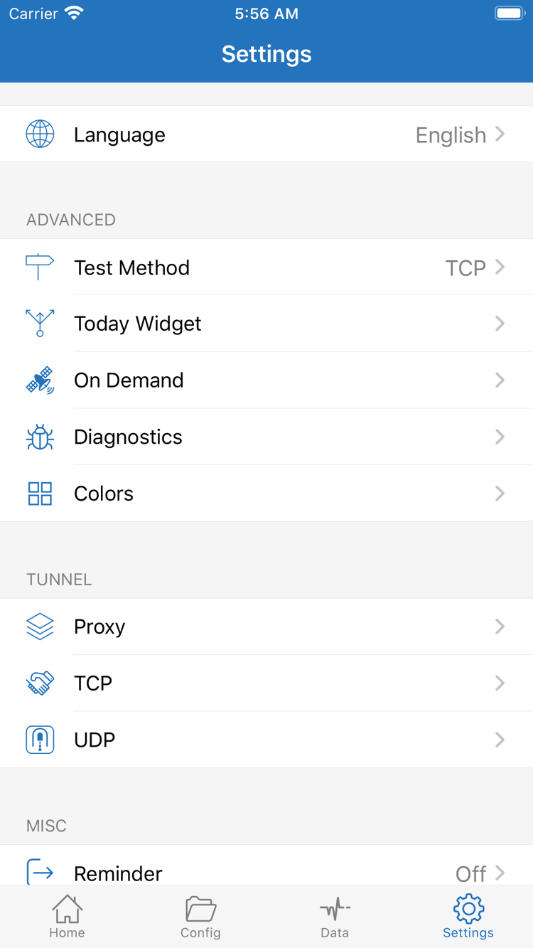 ShadowrocketのSettings公式スクリーンショット。Language、Test Method、Today Widget、On Demand、Diagnostics、Proxy、TCP、UDPを表示